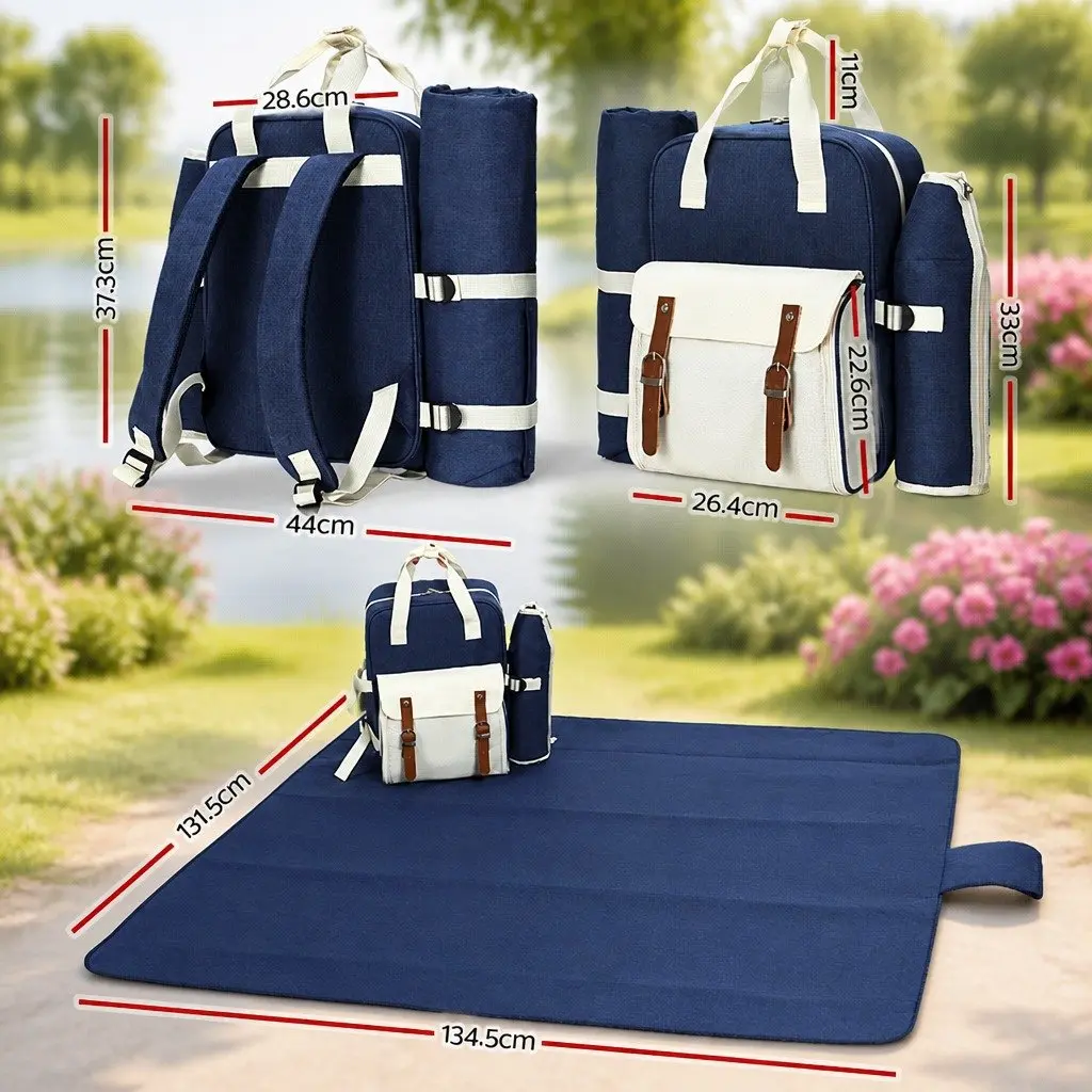 4 Person Picnic Backpack Set Insulated Cooler Bag Outdoor Family Gatherings Blue Beige