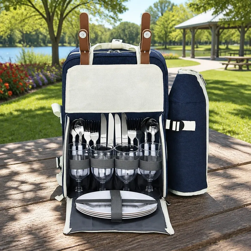 4 Person Picnic Backpack Set Insulated Cooler Bag Outdoor Family Gatherings Blue Beige