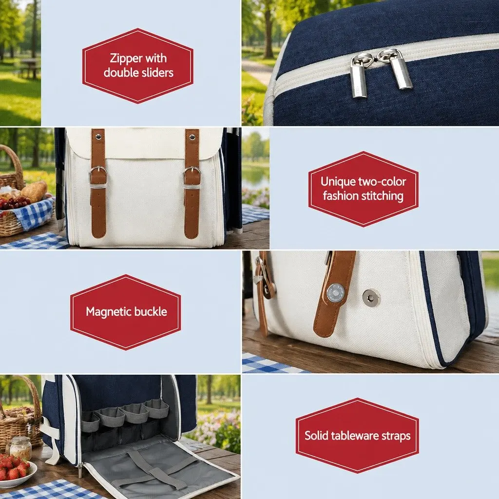 4 Person Picnic Backpack Set Insulated Cooler Bag Outdoor Family Gatherings Blue Beige