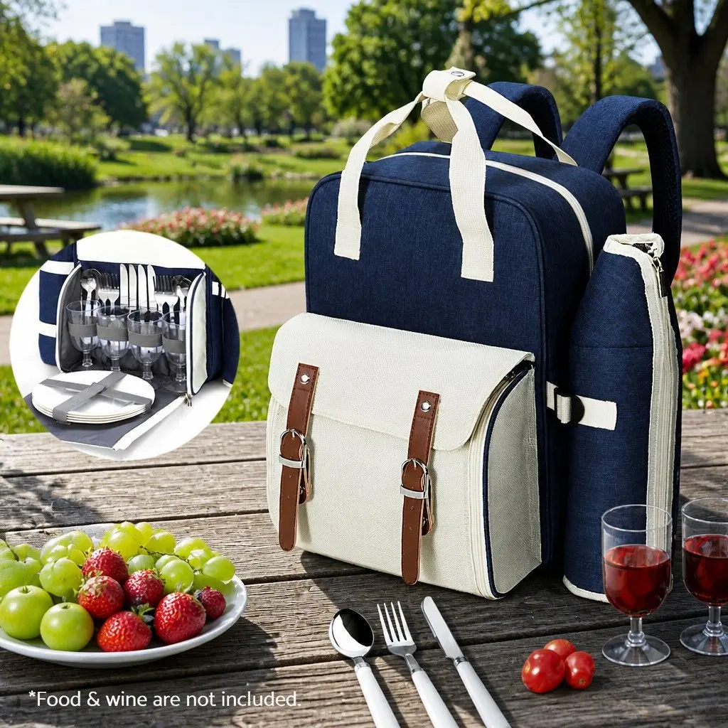 4 Person Picnic Backpack Set Insulated Cooler Bag Outdoor Family Gatherings Blue Beige