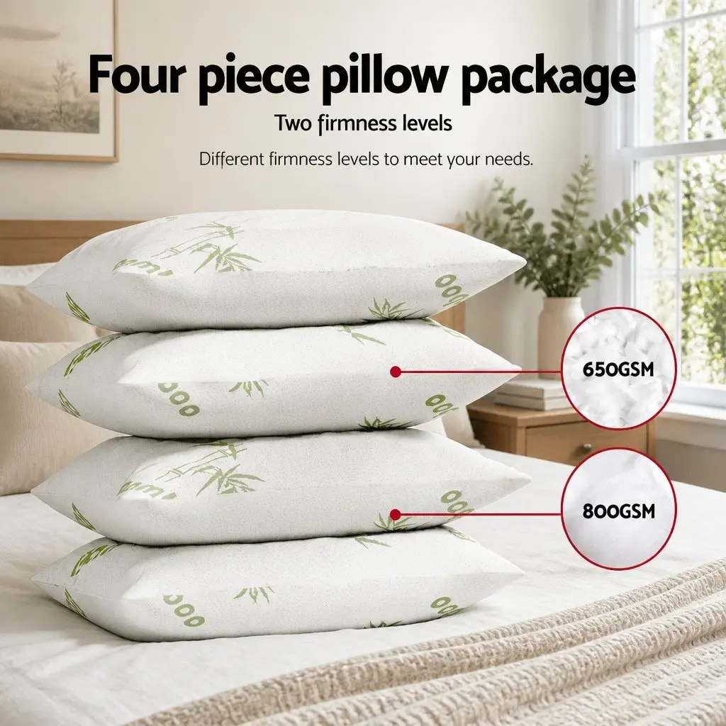 Bamboo Pillow Set 4 Pack Medium Firm Firm White