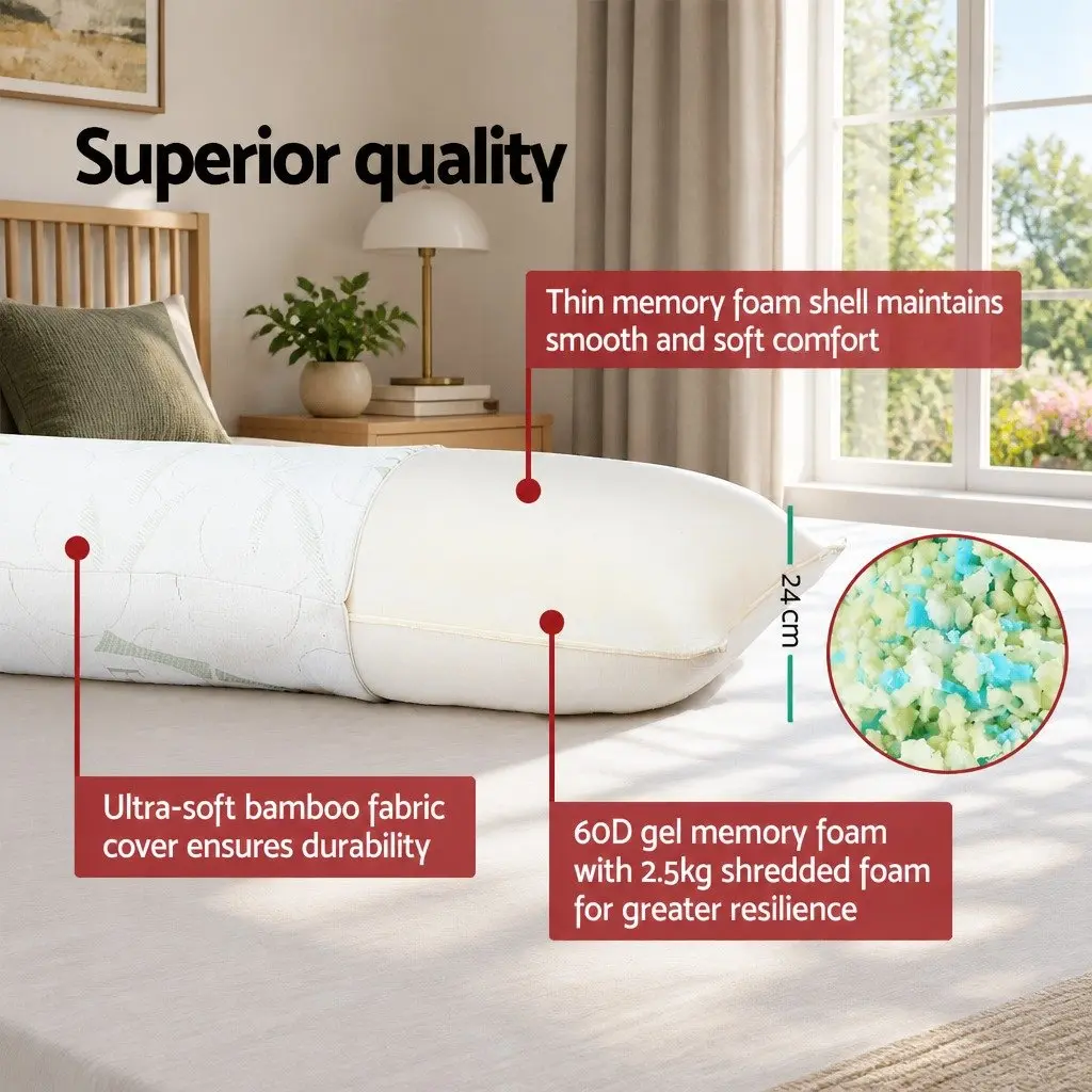 Body Pillow Full Length Support 120 x 36 x 24 cm Memory Foam White Bamboo Cover
