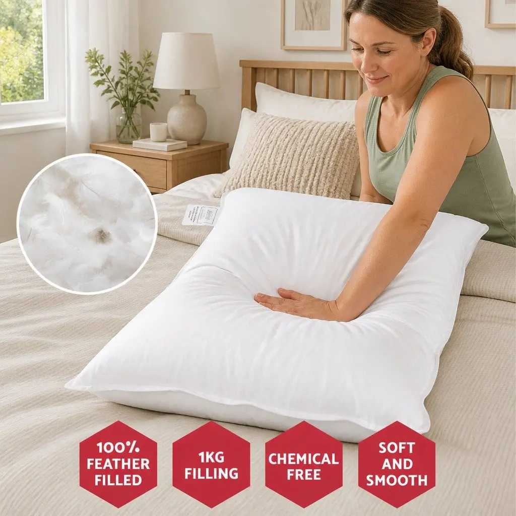 Duck Feather Down Pillow Set Bedroom Sleep Comfort 73 x 48cm White 2 Piece