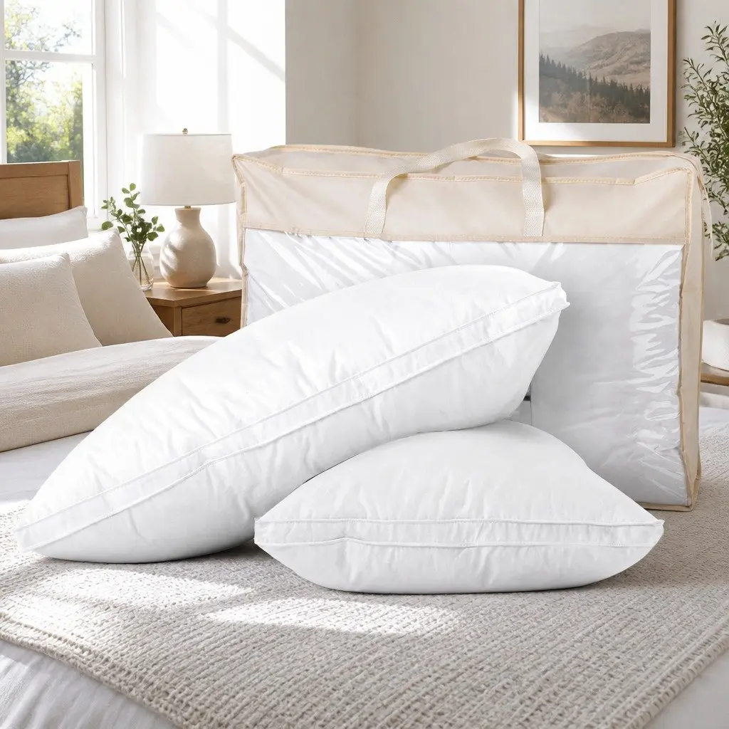 Goose Feather Down Pillow Head Neck Support Standard Size White Twin Pack
