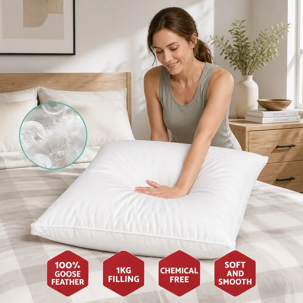 Goose Feather Down Pillow Head Neck Support Standard Size White Twin Pack