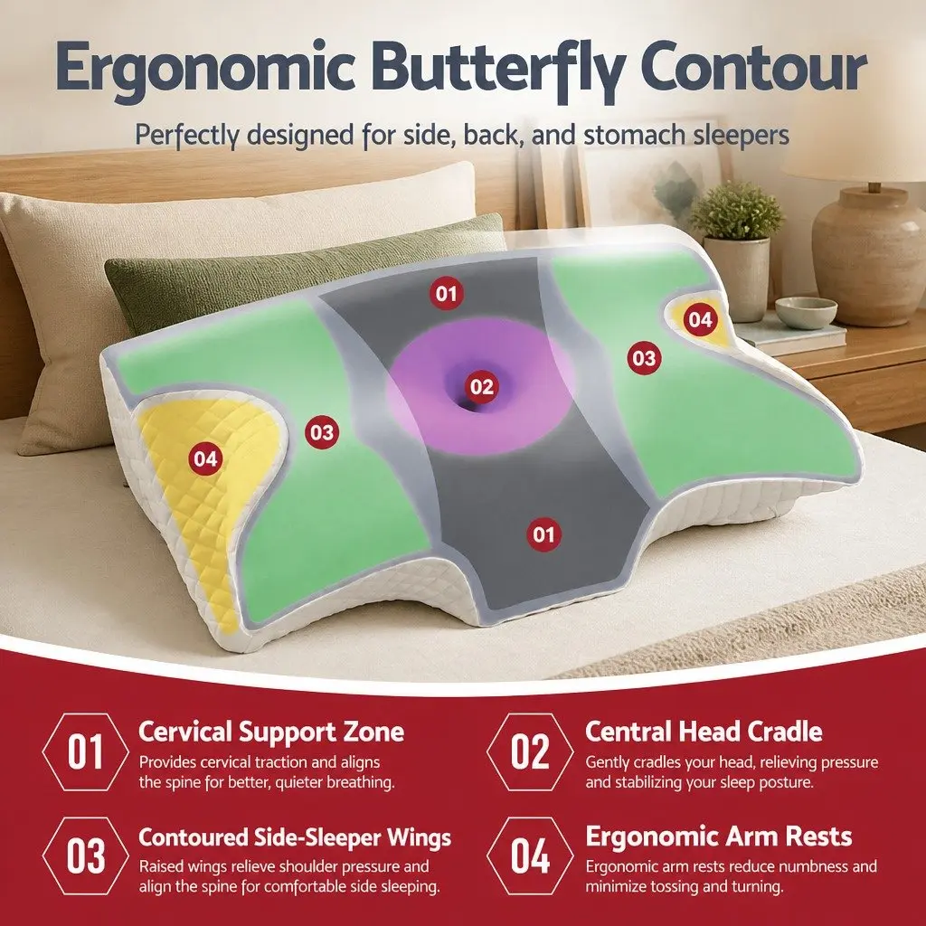 Memory Foam Pillow Ergonomic Cervical Neck Support Contour Design White Grey