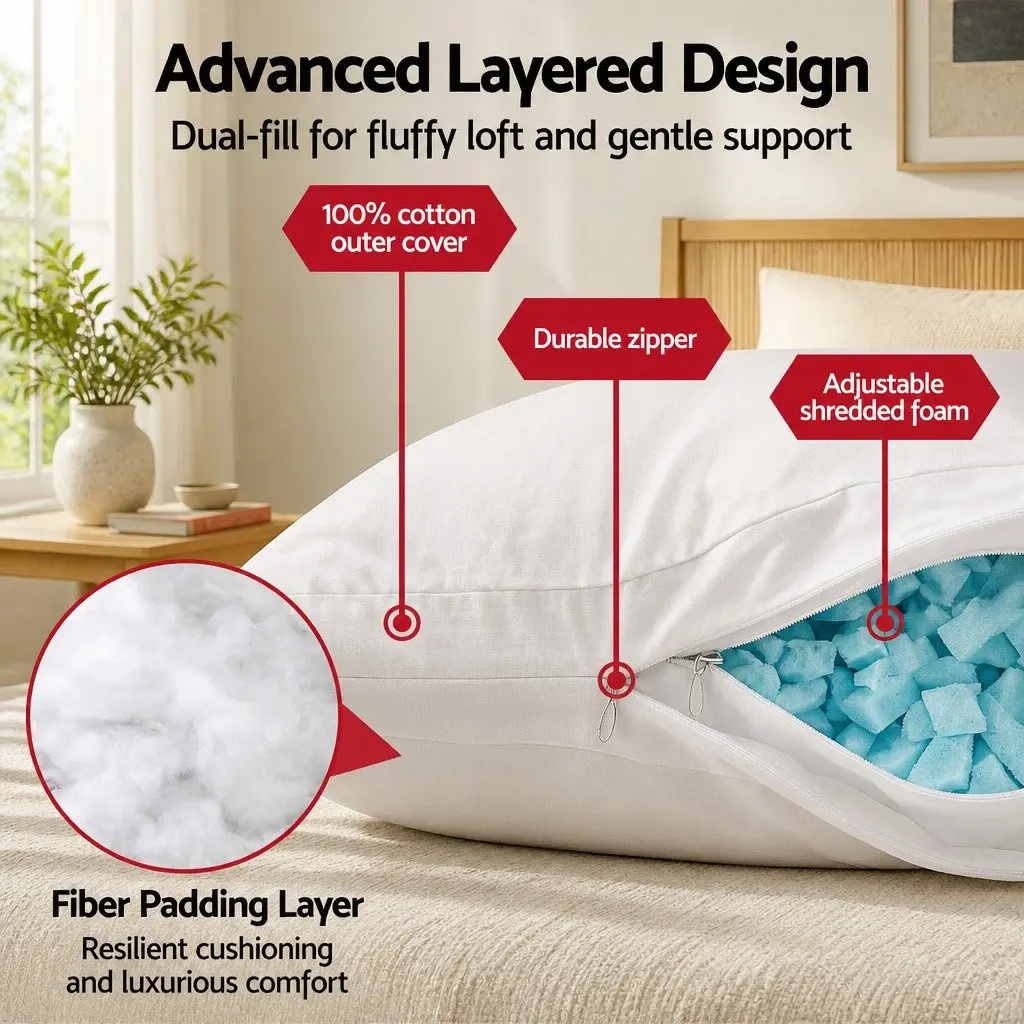 Shredded Memory Foam Pillow Adjustable Loft White Dual Layer Cotton Cover