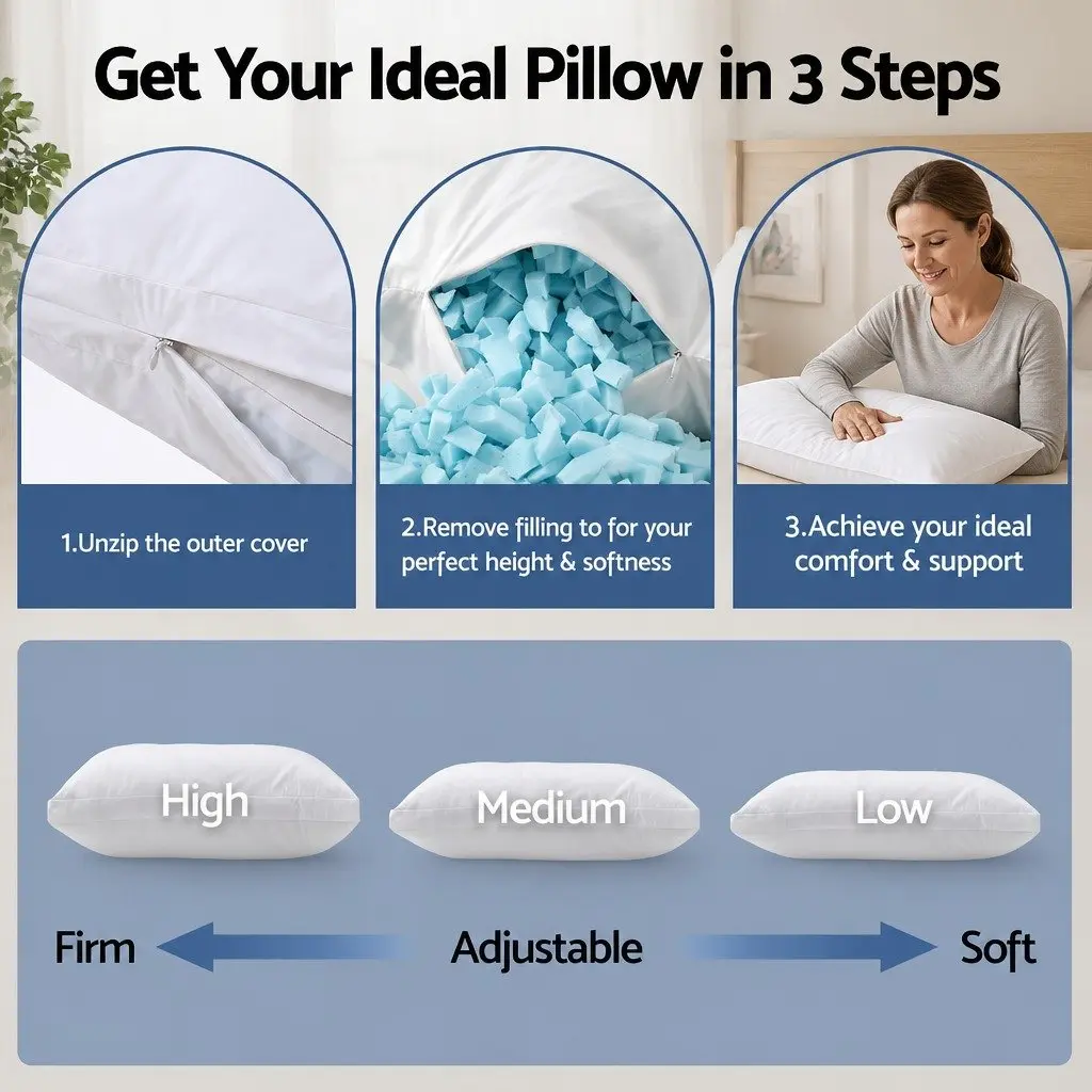 Shredded Memory Foam Pillow Adjustable Loft White Dual Layer Cotton Cover