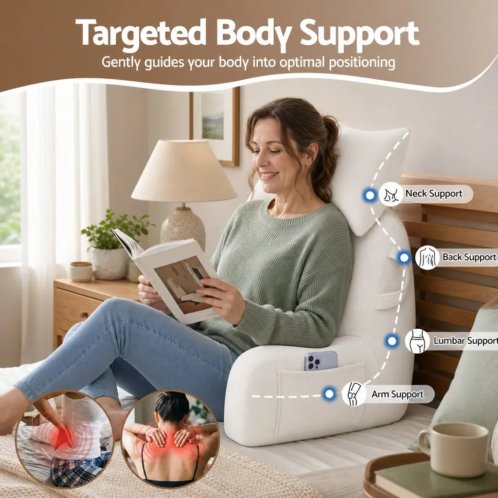 Reading Pillow Backrest Support with Detachable Neck Roll Armrests 100x27x60cm Beige