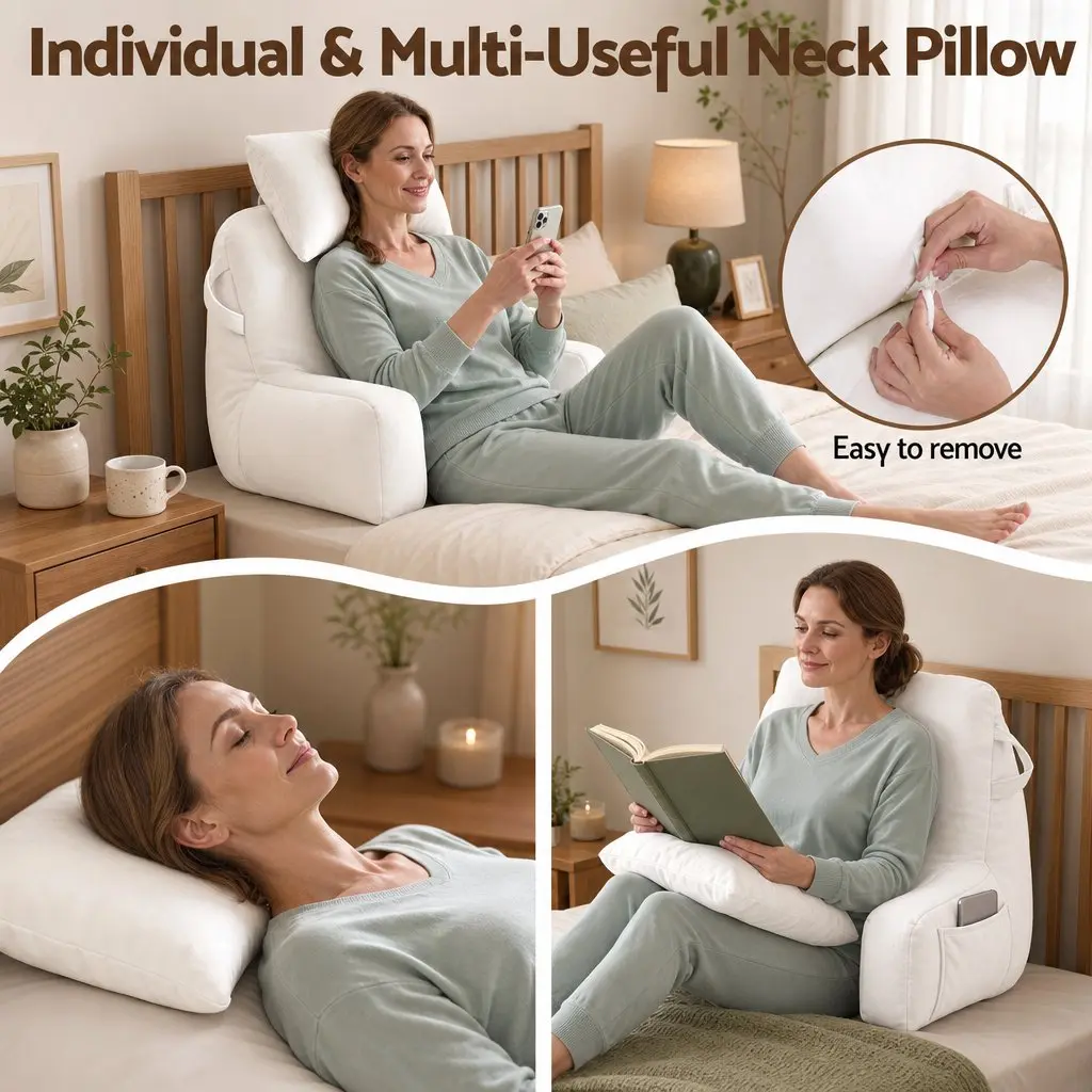 Reading Pillow Backrest Support with Detachable Neck Roll Armrests 100x27x60cm Beige