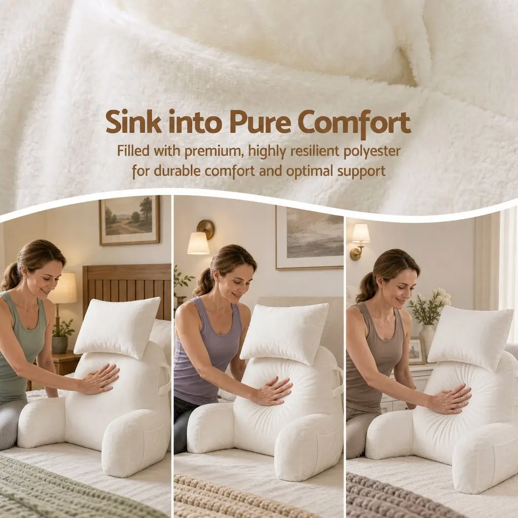 Reading Pillow Backrest Support with Detachable Neck Roll Armrests 100x27x60cm Beige