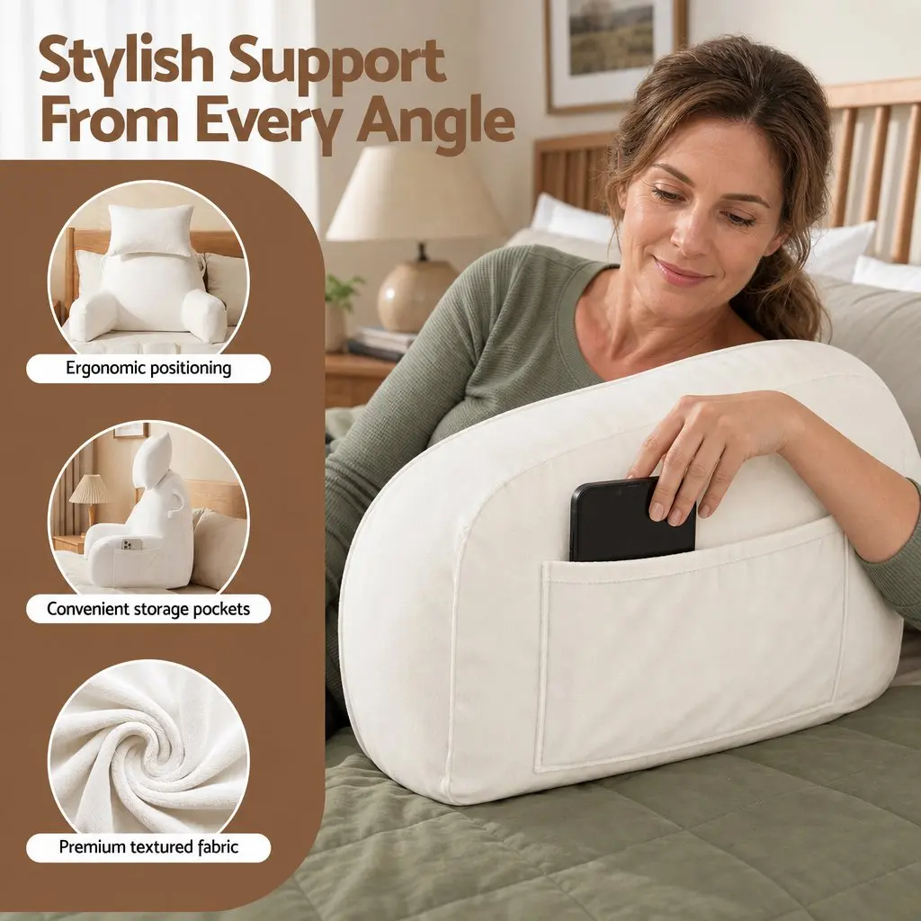 Reading Pillow Backrest Support with Detachable Neck Roll Armrests 100x27x60cm Beige