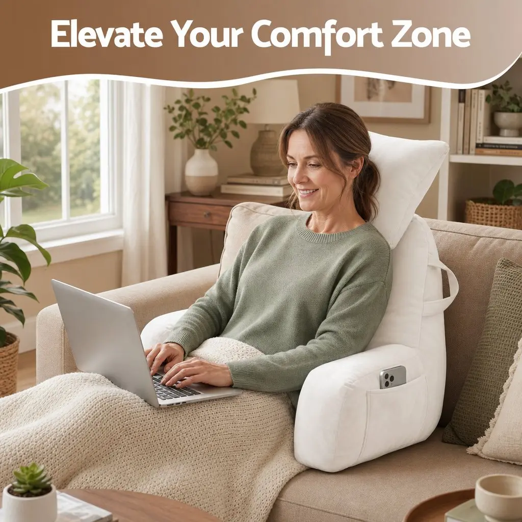 Reading Pillow Backrest Support with Detachable Neck Roll Armrests 100x27x60cm Beige