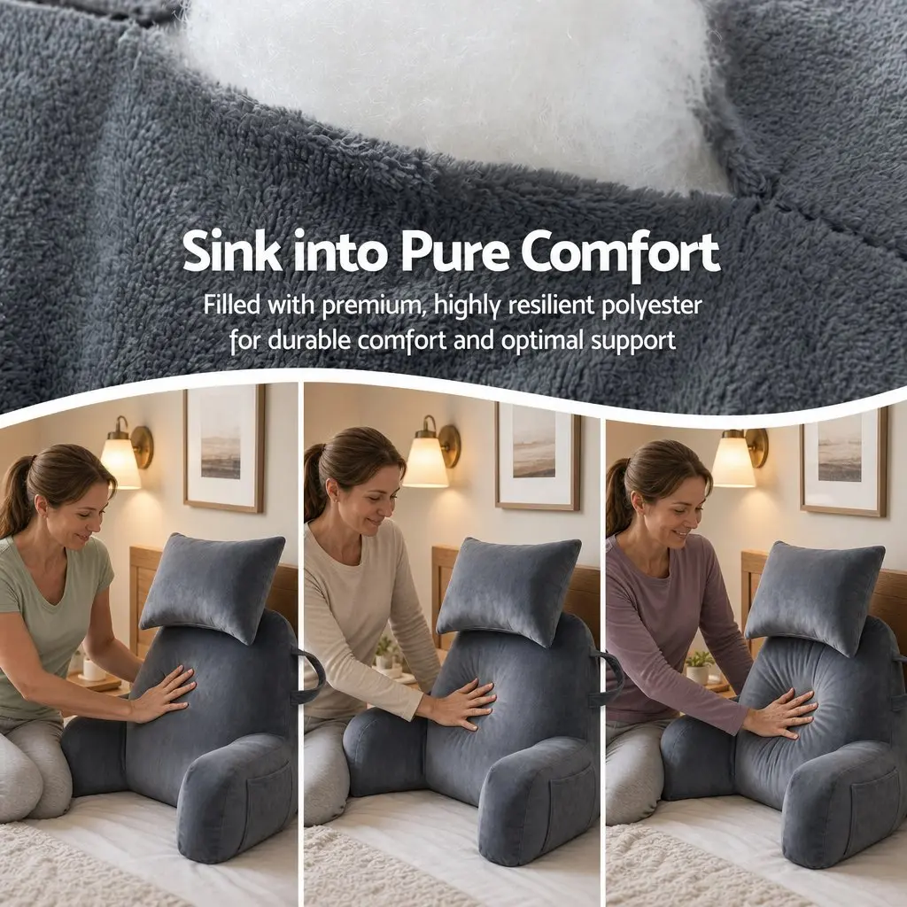 Reading Pillow Back Support Detachable Neck Roll Armrests Lounging Grey
