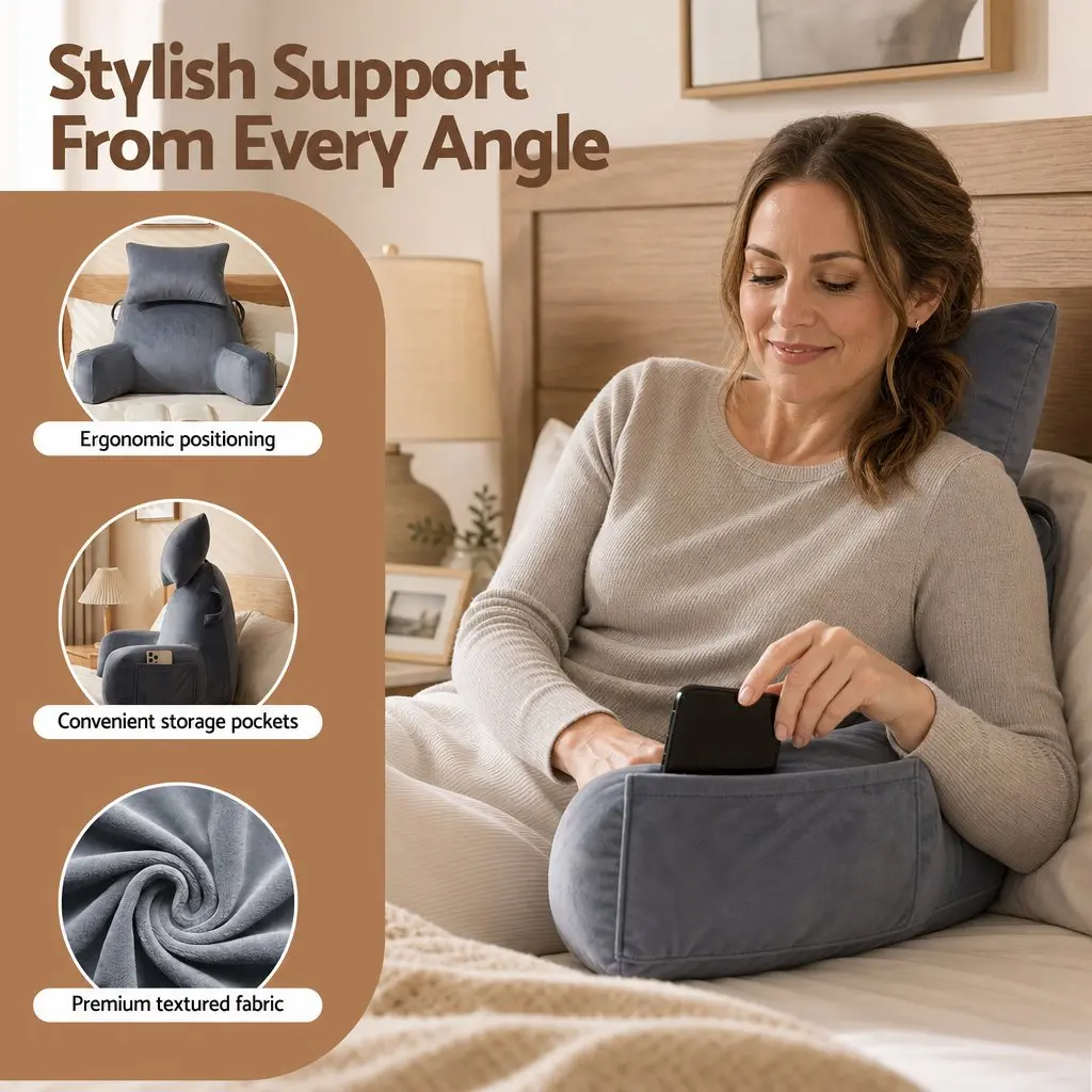 Reading Pillow Back Support Detachable Neck Roll Armrests Lounging Grey