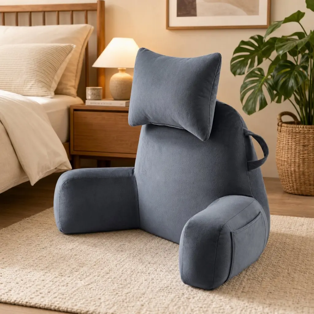 Reading Pillow Back Support Detachable Neck Roll Armrests Lounging Grey
