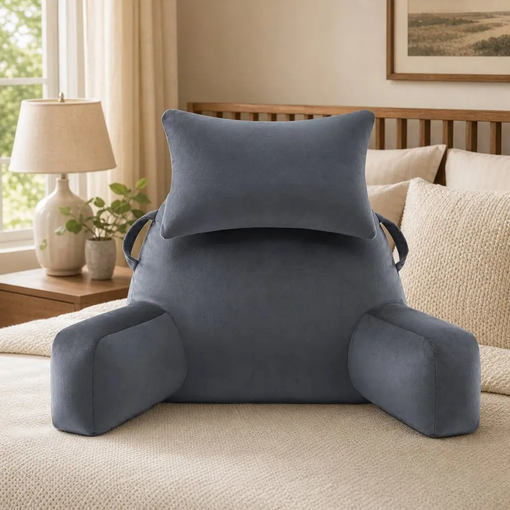 Reading Pillow Back Support Detachable Neck Roll Armrests Lounging Grey