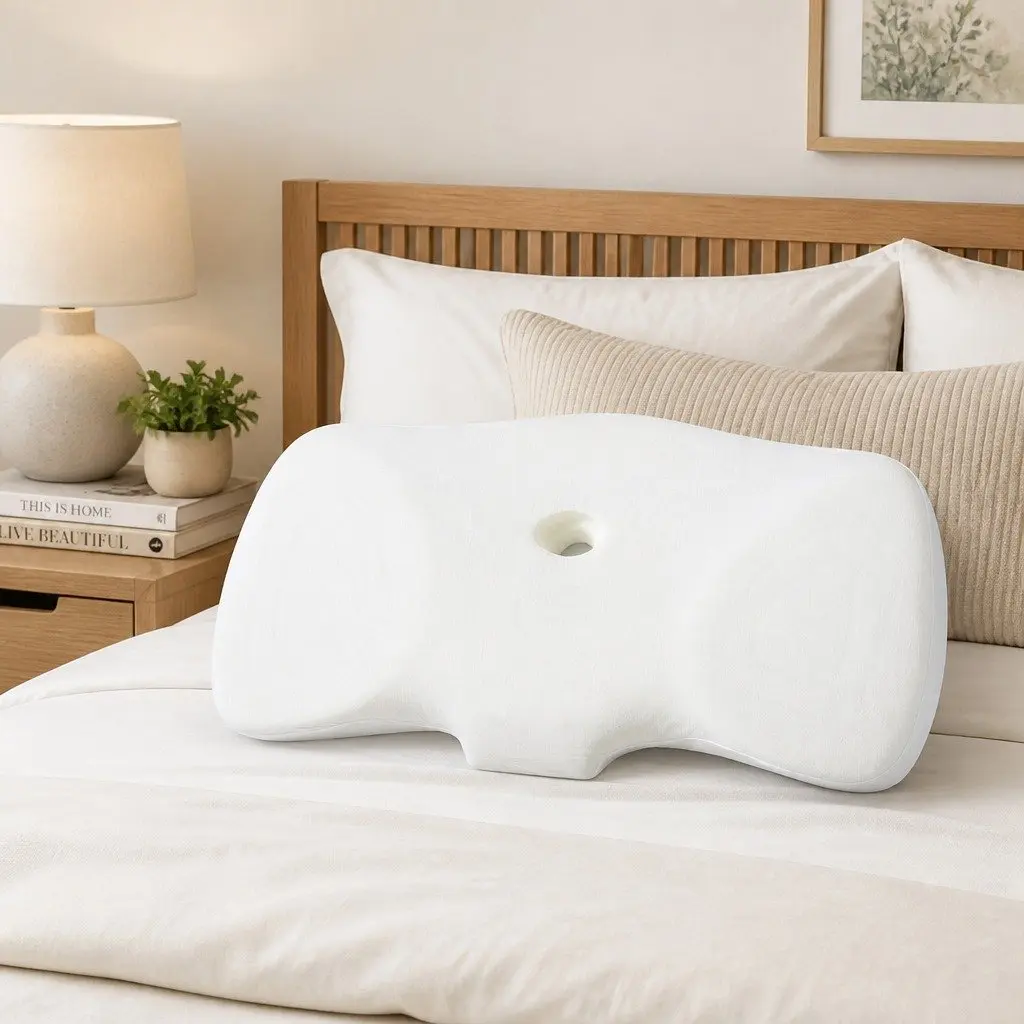 Memory Foam Pillow Neck Support Ergonomic Design Breathable Pillowcase Blue