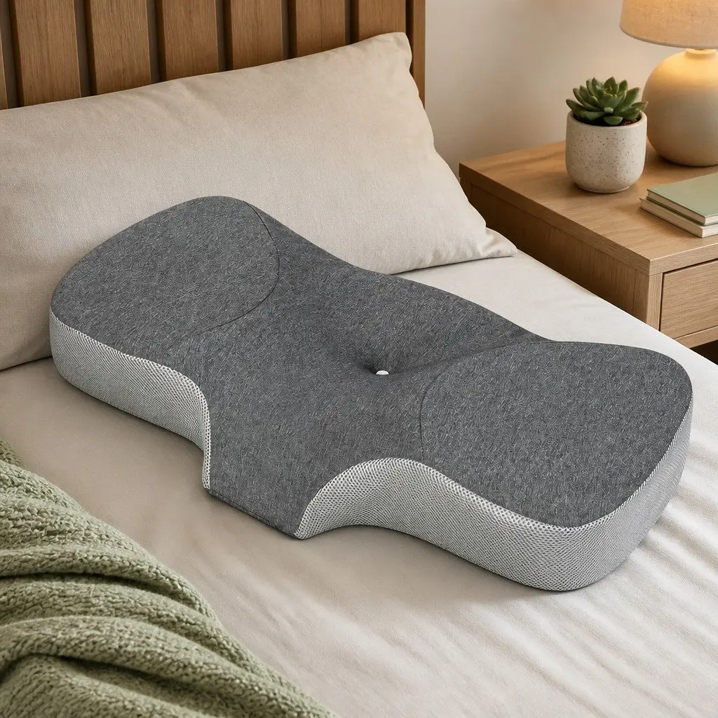 Memory Foam Pillow Neck Support Ergonomic Design Breathable Pillowcase Grey