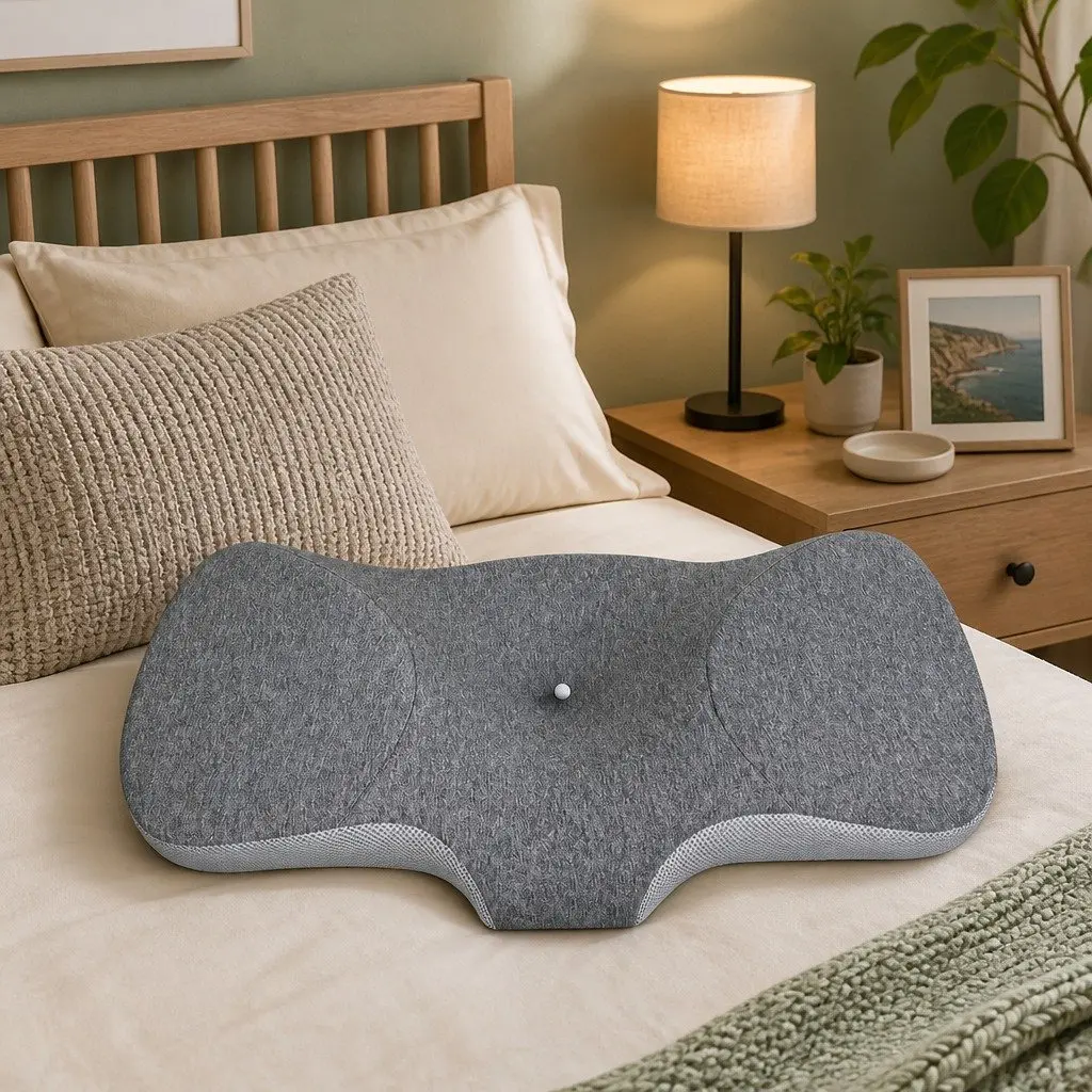 Memory Foam Pillow Neck Support Ergonomic Design Breathable Pillowcase Grey