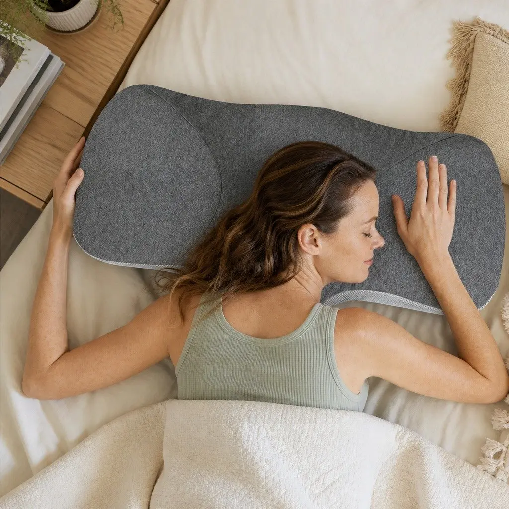 Memory Foam Pillow Neck Support Ergonomic Design Breathable Pillowcase Grey