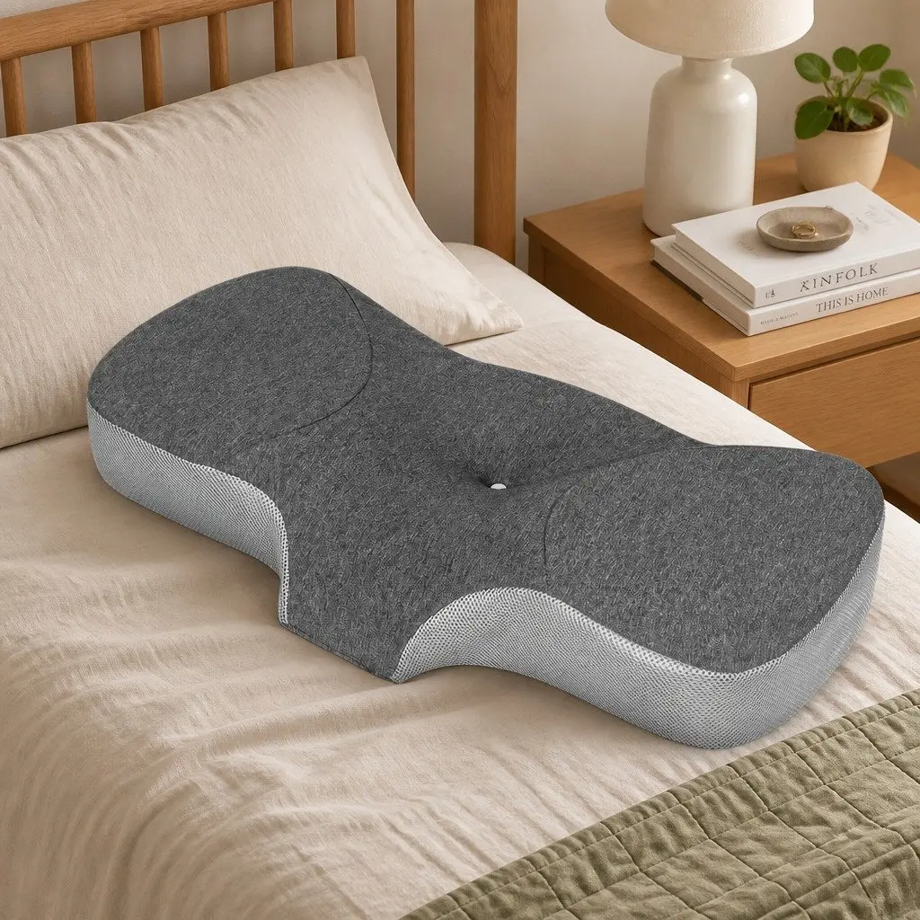 Memory Foam Pillow Neck Support Ergonomic Design Breathable Pillowcase Grey
