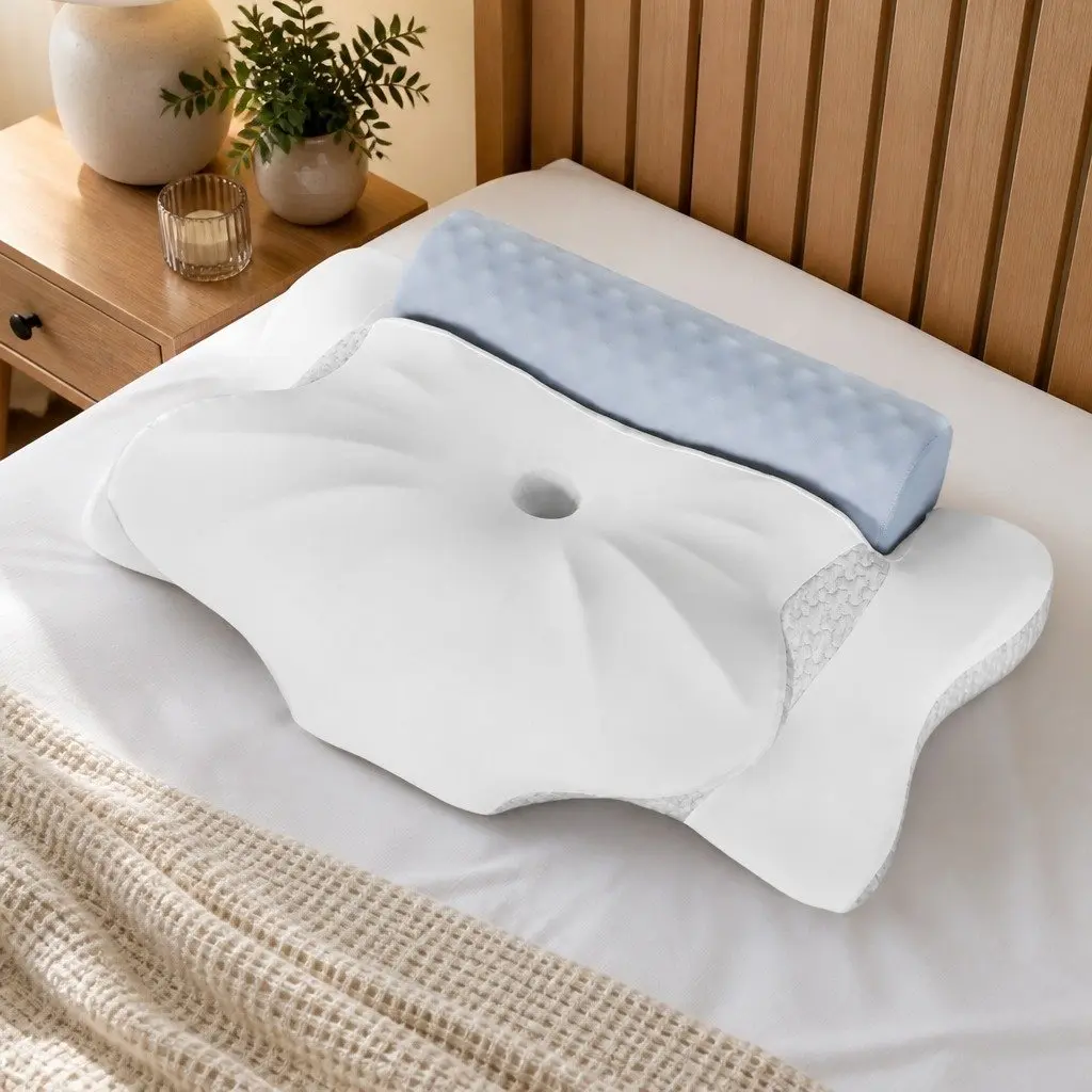 Cervical Neck Pillow Cooling Gel Support Contour Sleep Ergonomic 63cm x 43cm White Light Grey Blue