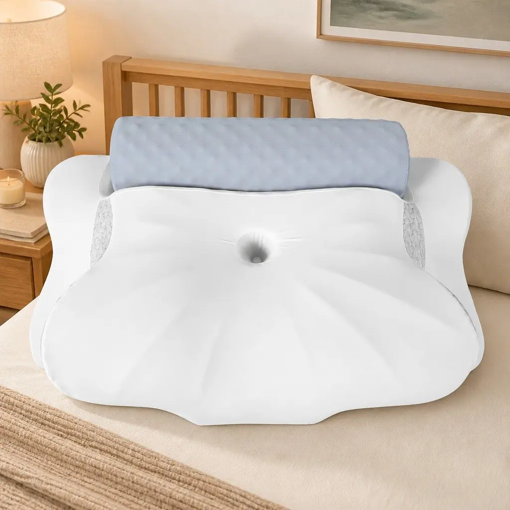 Cervical Neck Pillow Cooling Gel Support Contour Sleep Ergonomic 63cm x 43cm White Light Grey Blue