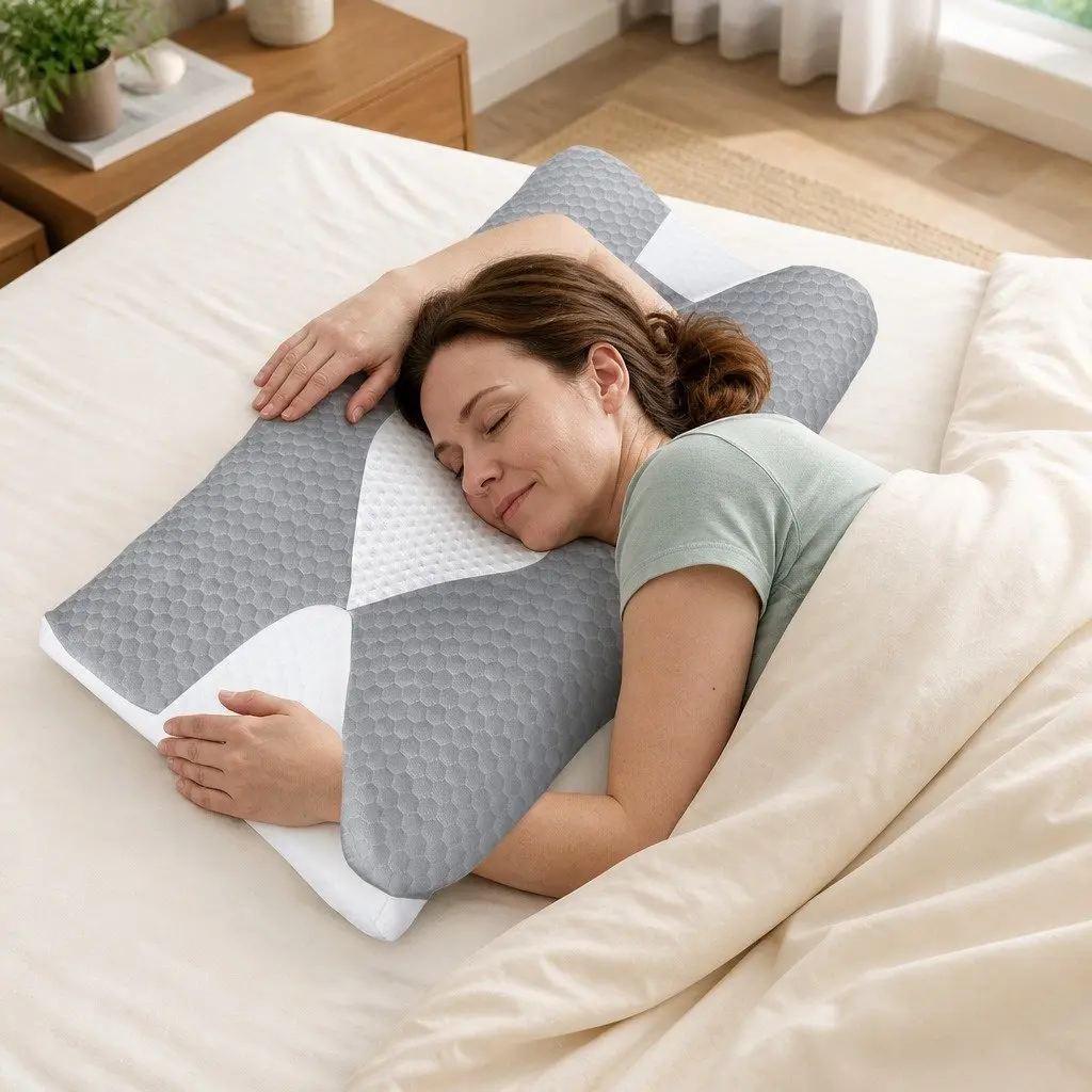 Cervical Neck Pillow Cooling Gel Support Contour Sleep Ergonomic 63cm x 43cm White Light Grey Blue