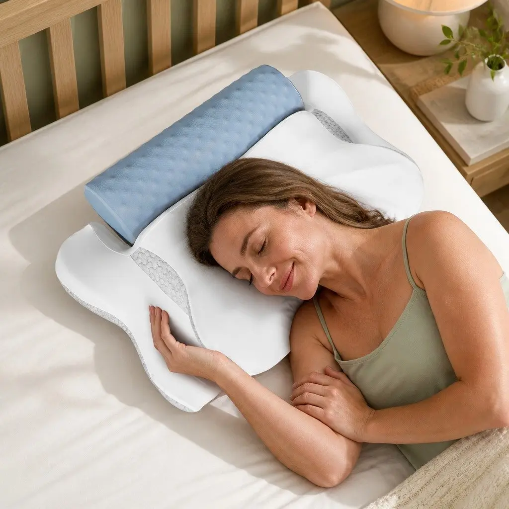 Cervical Neck Pillow Cooling Gel Support Contour Sleep Ergonomic 63cm x 43cm White Light Grey Blue