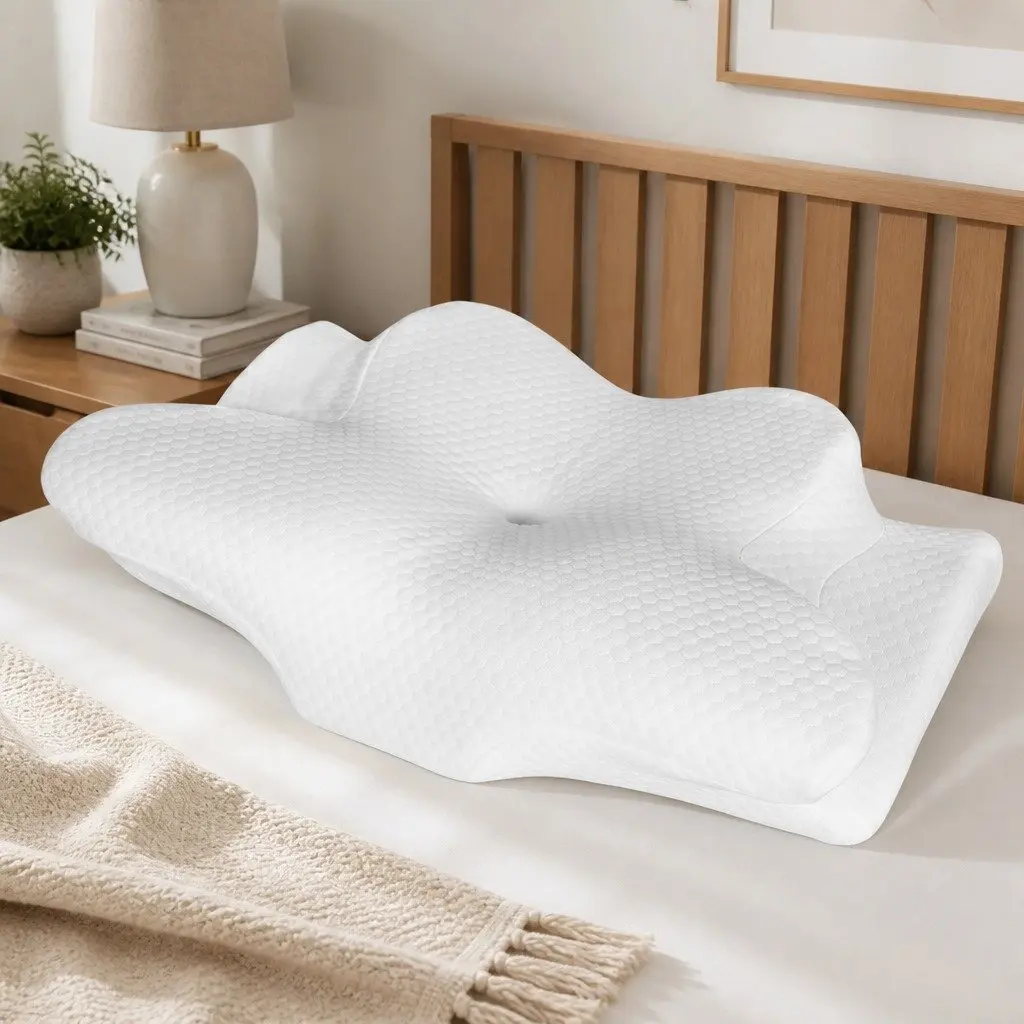 Cervical Neck Pillow Ergonomic Support Contoured Cooling Memory Foam 63x39x14cm White