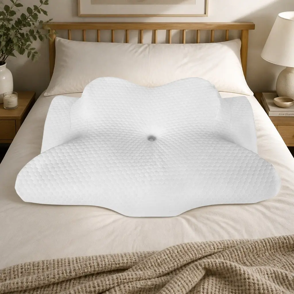 Cervical Neck Pillow Ergonomic Support Contoured Cooling Memory Foam 63x39x14cm White