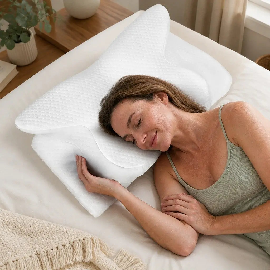 Cervical Neck Pillow Ergonomic Support Contoured Cooling Memory Foam 63x39x14cm White