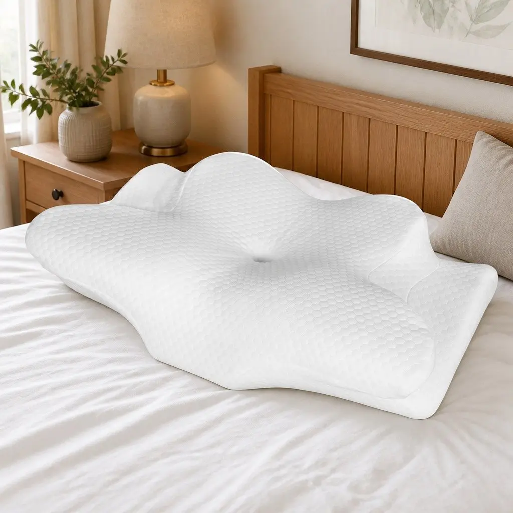 Cervical Neck Pillow Ergonomic Support Contoured Cooling Memory Foam 63x39x14cm White