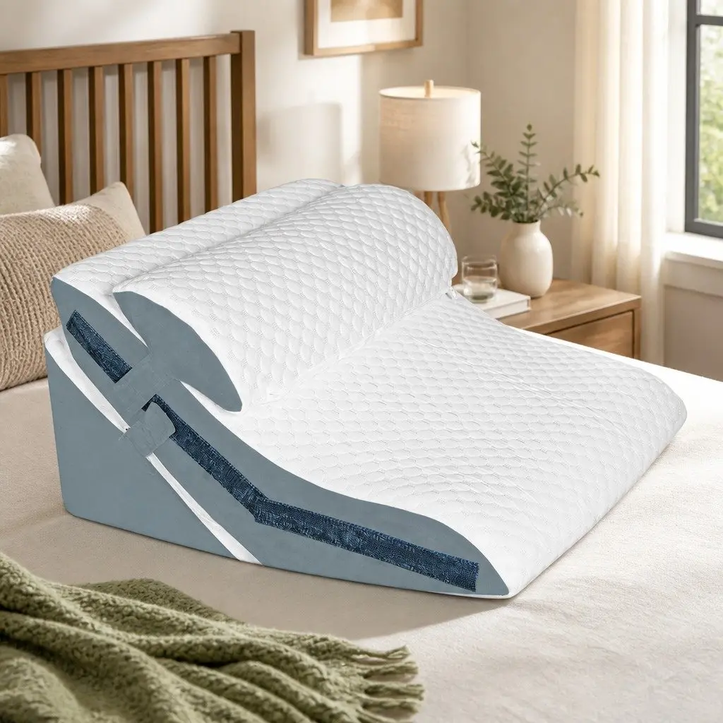 Adjustable Memory Foam Bed Wedge Pillow Orthopedic Support 24 Inch White and Grey Three in One