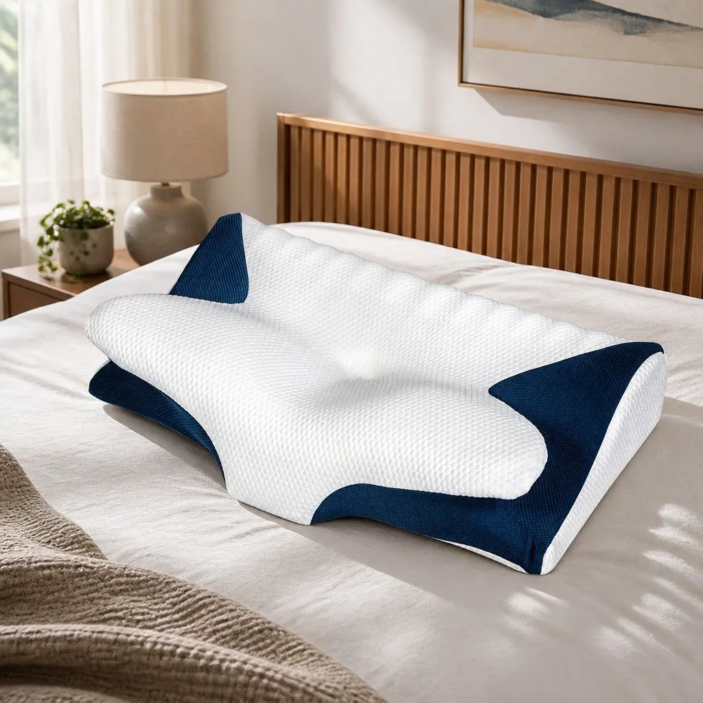 Memory Foam Cervical Pillow Neck Support Ergonomic Sleep Comfort 60cm x 38cm White and Blue