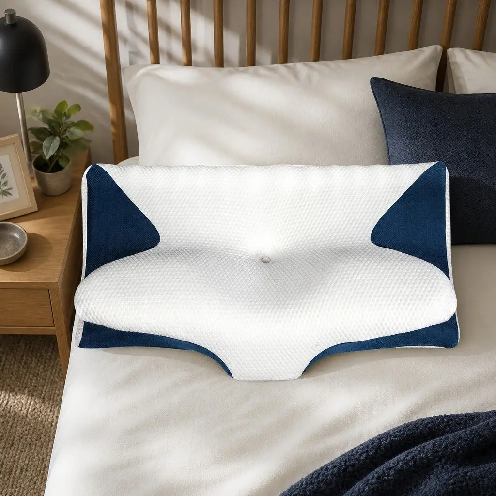 Memory Foam Cervical Pillow Neck Support Ergonomic Sleep Comfort 60cm x 38cm White and Blue