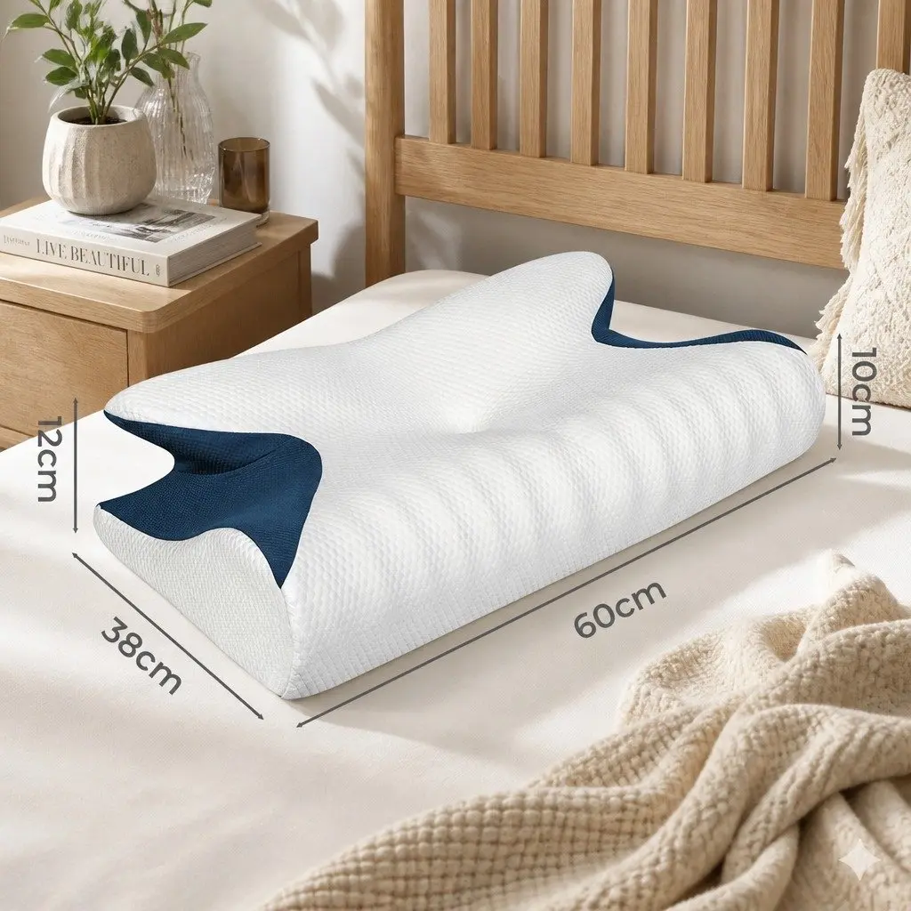 Memory Foam Cervical Pillow Neck Support Ergonomic Sleep Comfort 60cm x 38cm White and Blue