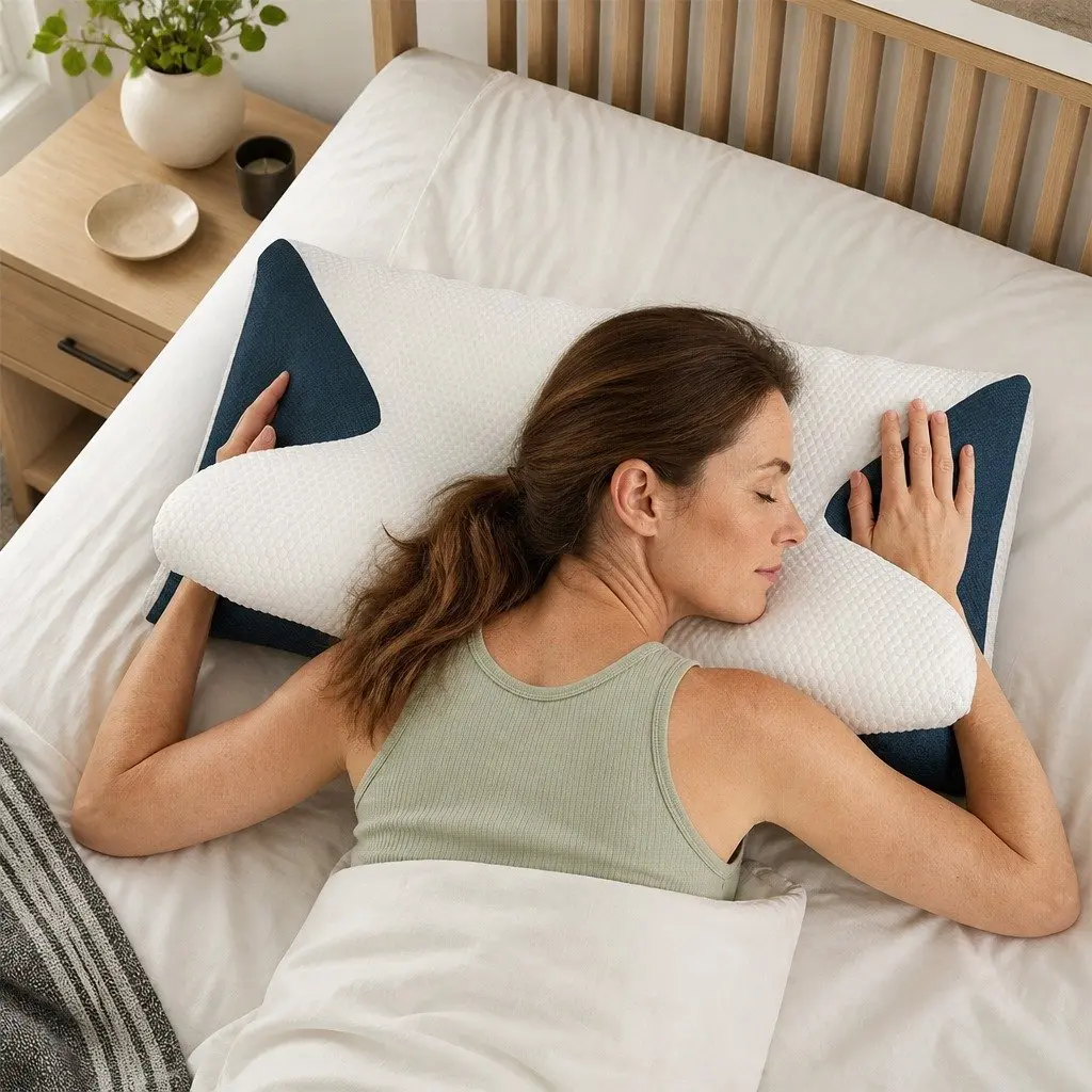 Memory Foam Cervical Pillow Neck Support Ergonomic Sleep Comfort 60cm x 38cm White and Blue
