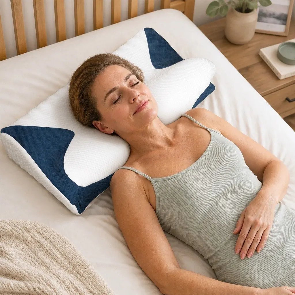 Memory Foam Cervical Pillow Neck Support Ergonomic Sleep Comfort 60cm x 38cm White and Blue