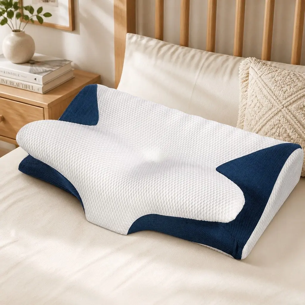 Memory Foam Cervical Pillow Neck Support Ergonomic Sleep Comfort 60cm x 38cm White and Blue