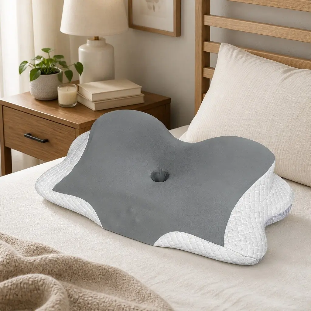 Memory Foam Cervical Neck Pillow Ergonomic Support 60cm x 40cm White Grey