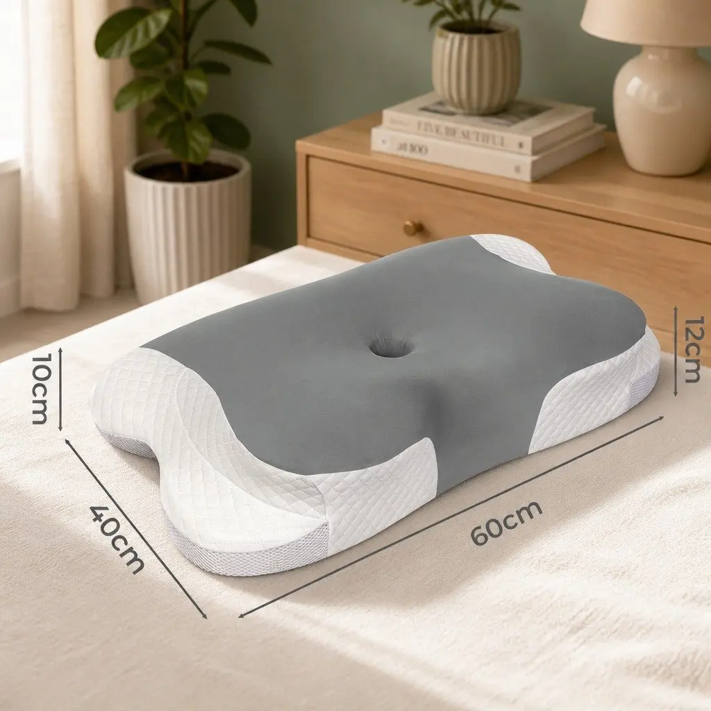 Memory Foam Cervical Neck Pillow Ergonomic Support 60cm x 40cm White Grey