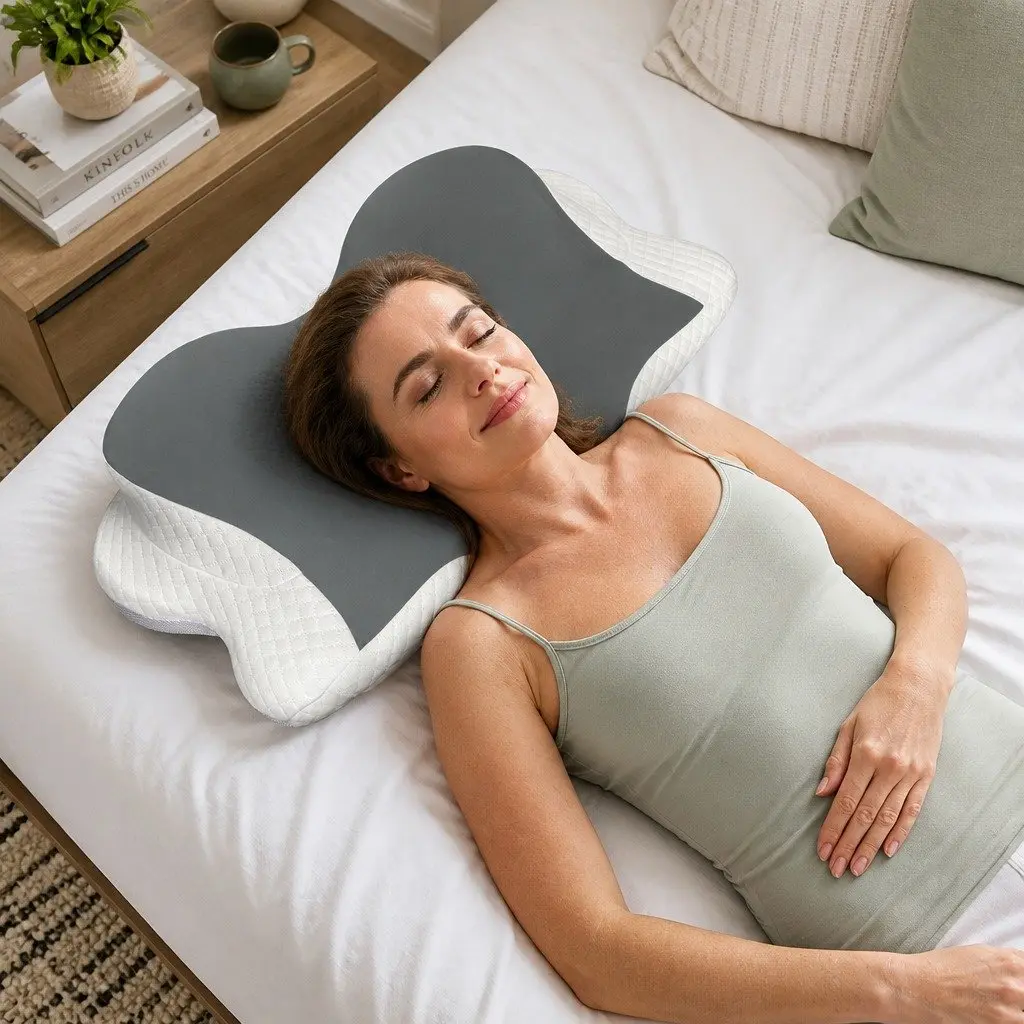 Memory Foam Cervical Neck Pillow Ergonomic Support 60cm x 40cm White Grey