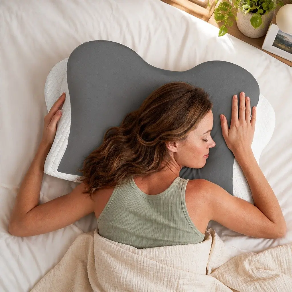 Memory Foam Cervical Neck Pillow Ergonomic Support 60cm x 40cm White Grey
