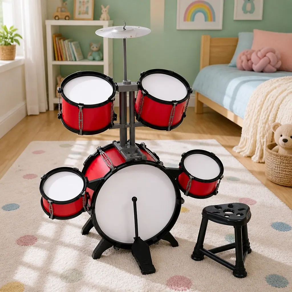 Kids Drum Set 7 Piece Musical Instrument Play Toy Drums Stool Drumsticks Red