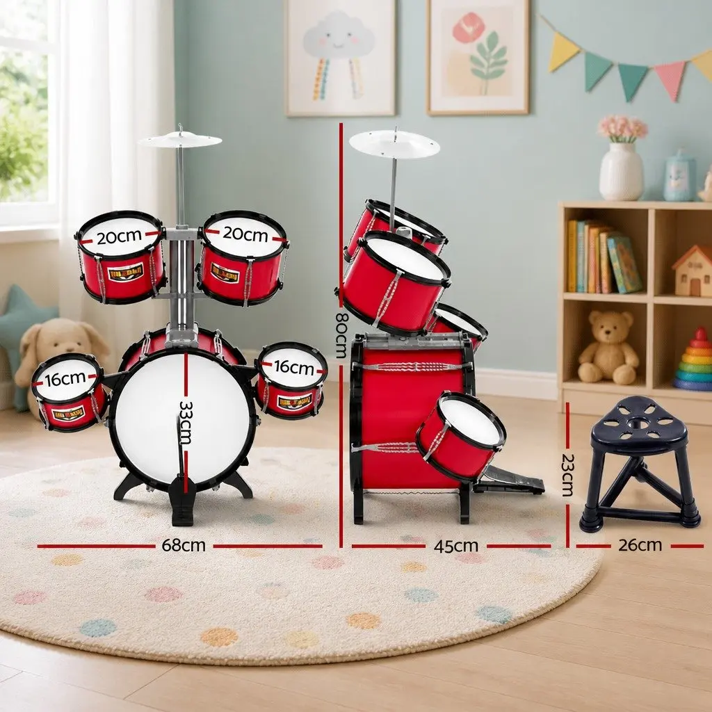 Kids Drum Set 7 Piece Musical Instrument Play Toy Drums Stool Drumsticks Red