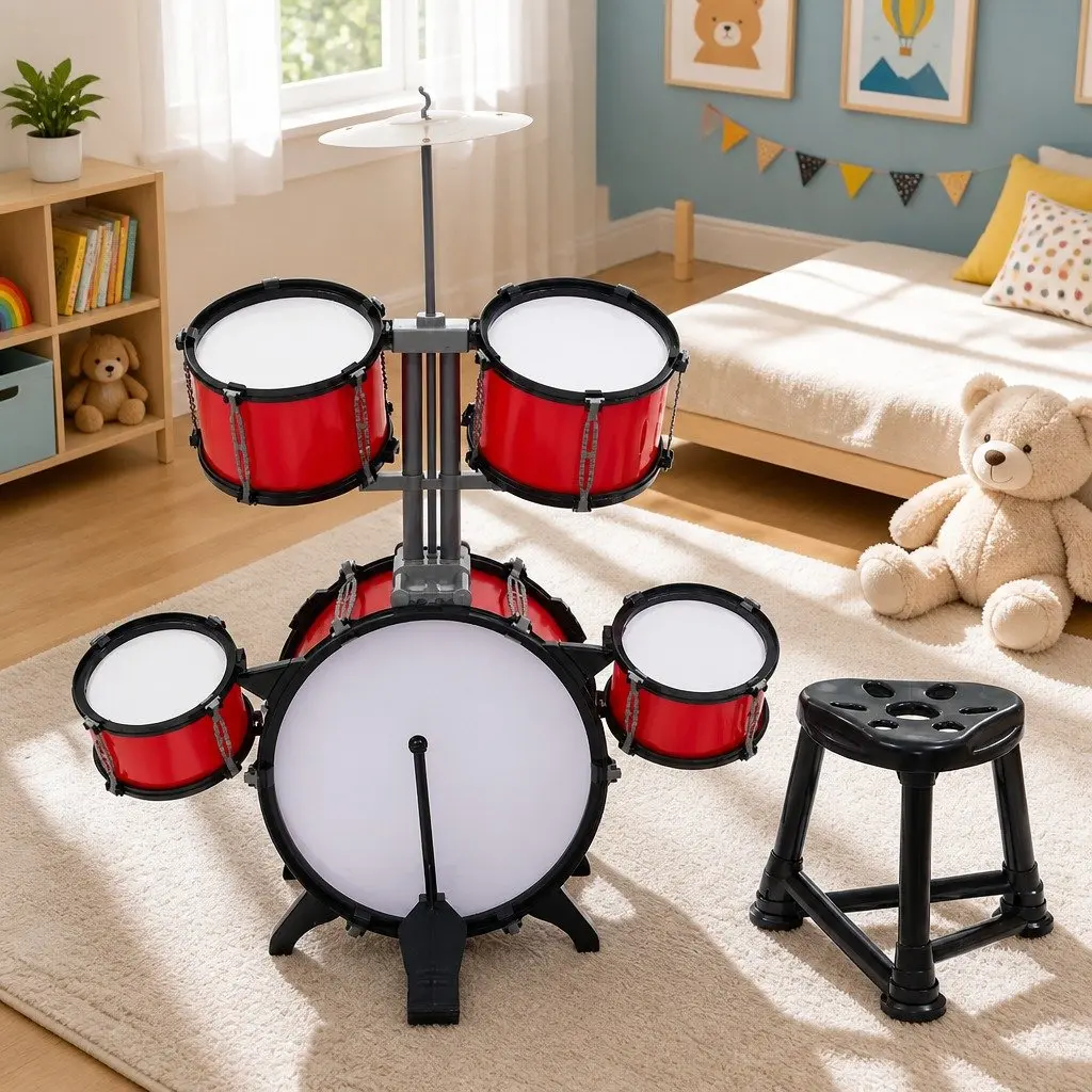 Kids Drum Set 7 Piece Musical Instrument Play Toy Drums Stool Drumsticks Red