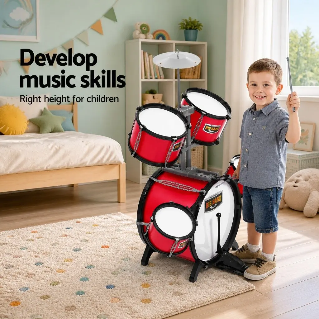 Kids Drum Set 7 Piece Musical Instrument Play Toy Drums Stool Drumsticks Red