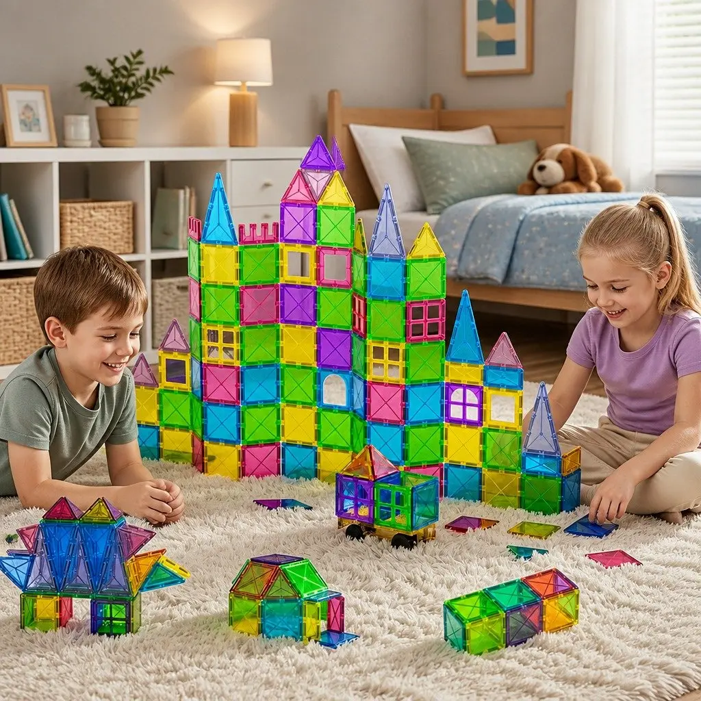 Magnetic Tiles Building Blocks Educational Construction Toys 100 Piece STEM Red Yellow Green